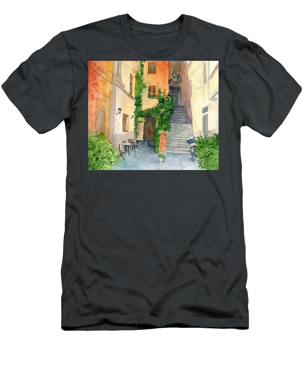 Via Dei Coronari T-Shirt featuring the painting Via dei Coronari by Espero Art