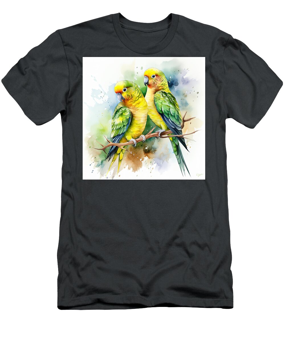 Colorful Parakeet Art T-Shirt featuring the painting Vibrant Parakeet Painting by Lourry Legarde