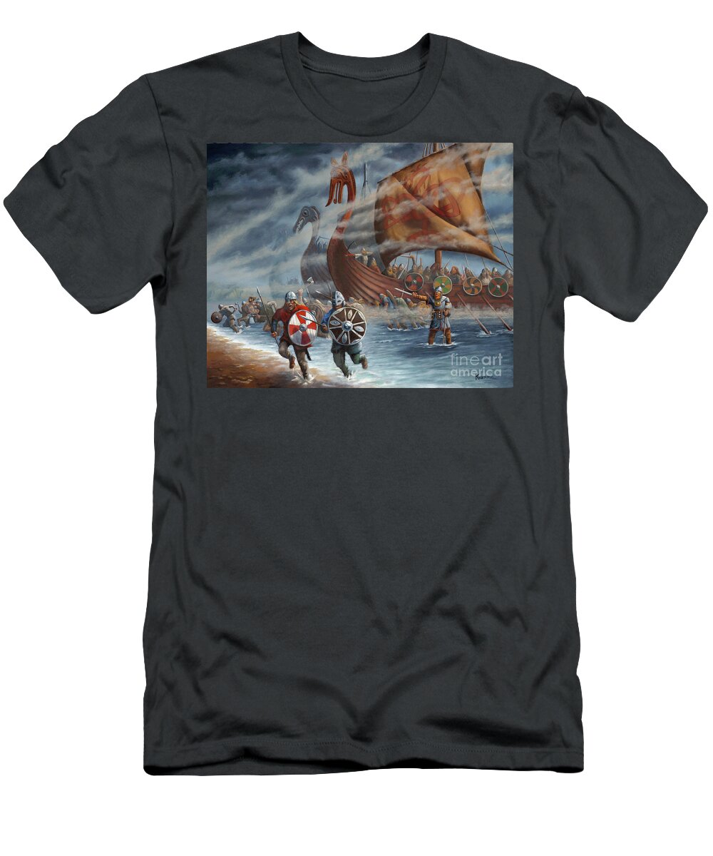 Vikings T-Shirt featuring the painting Vikings Ashore by Ken Kvamme