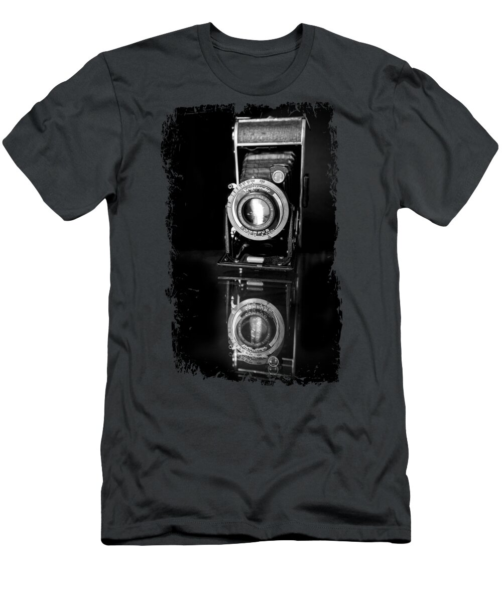 Vintage T-Shirt featuring the photograph Vintage Analog Folder Film Camera Reflection - Black and White by Andreea Eva Herczegh