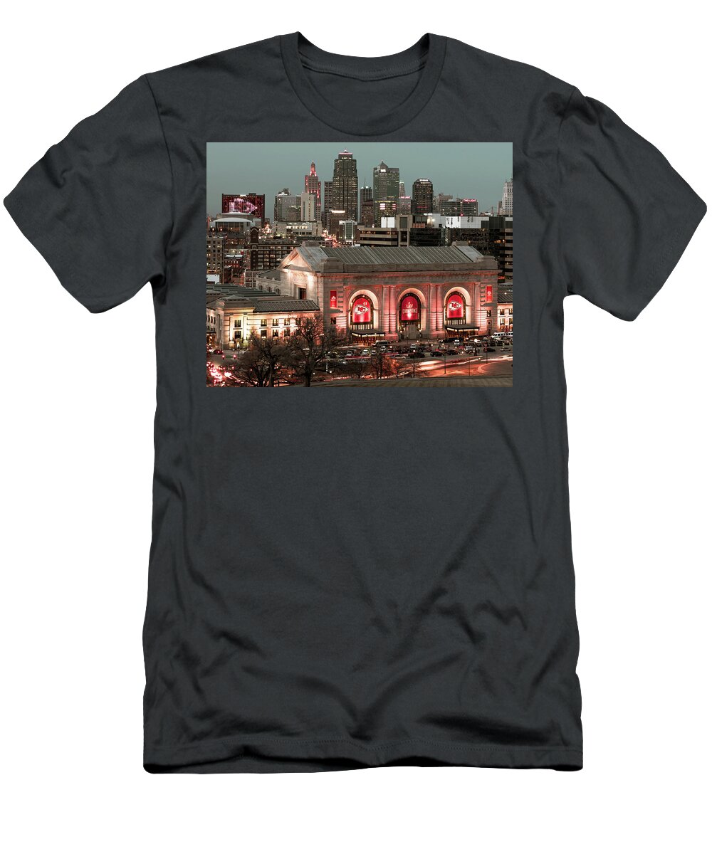 Kc Chiefs T-Shirt featuring the photograph Vintage Arrowhead Skyline and Union Station - Kansas City Missouri by Gregory Ballos