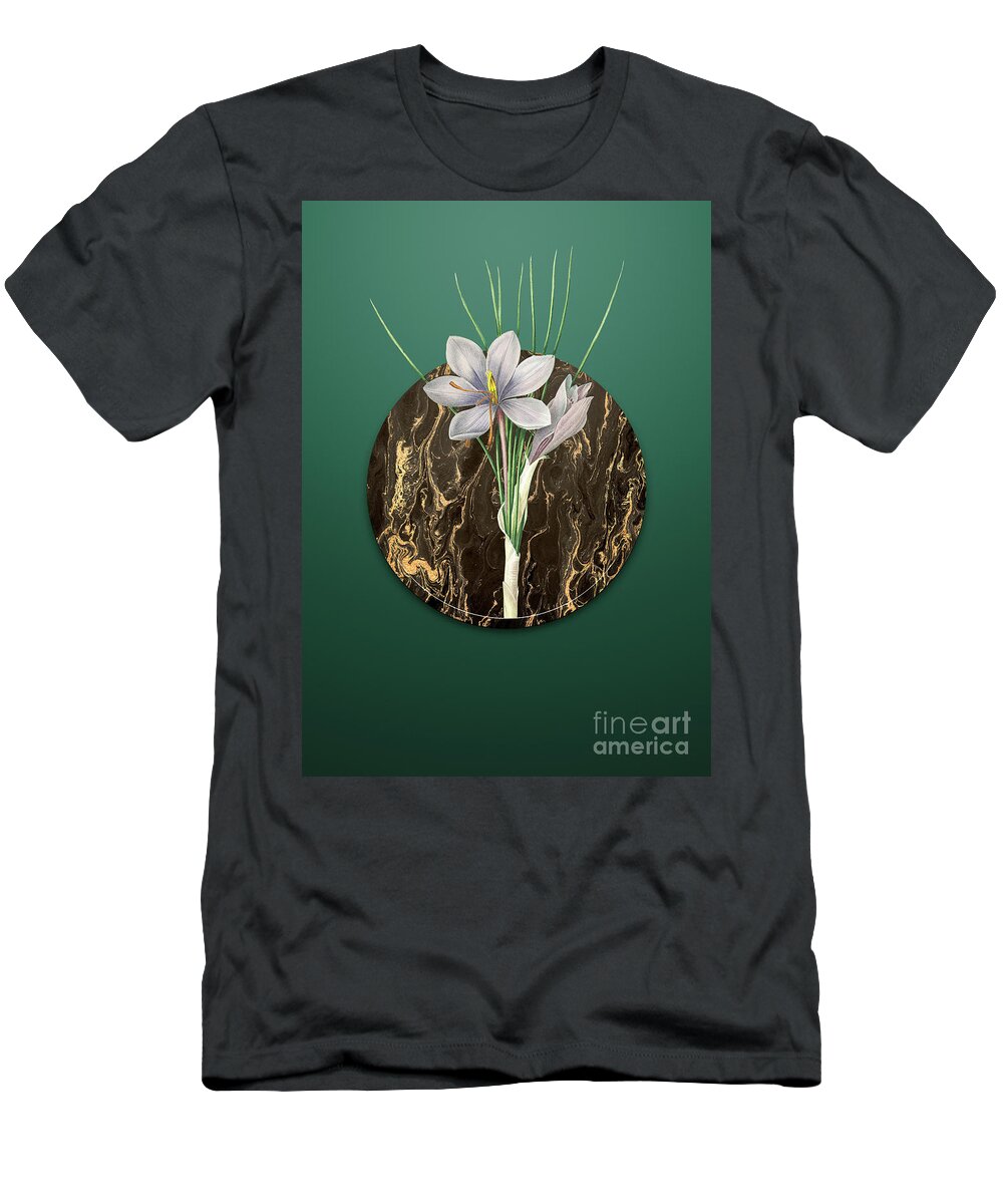 Vintage T-Shirt featuring the painting Vintage Autumn Crocus Art in Gilded Marble on Dark Spring Green by Holy Rock Design