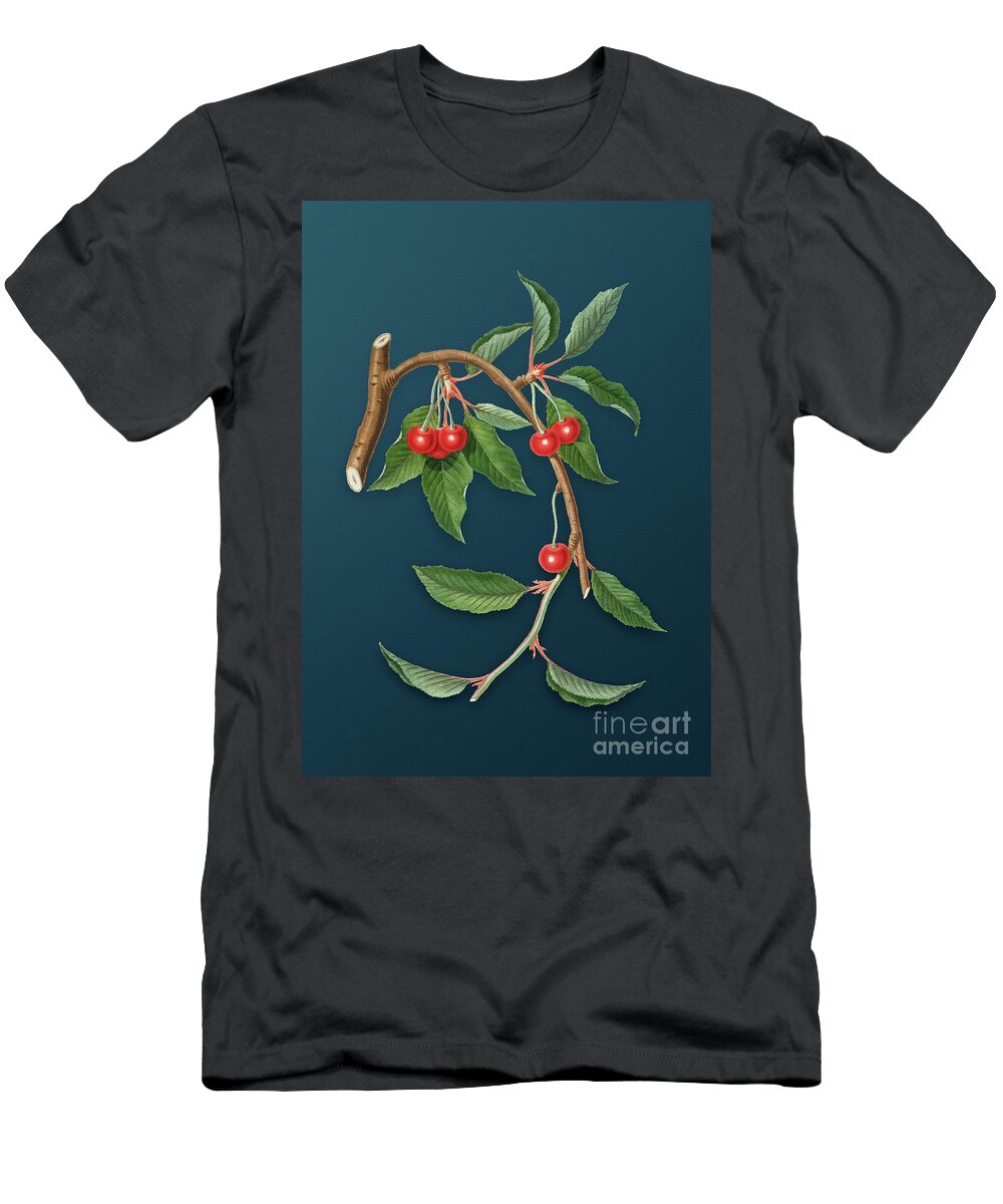 Vintage T-Shirt featuring the painting Vintage Cherry Botanical Art on Teal Blue n.0157 by Holy Rock Design