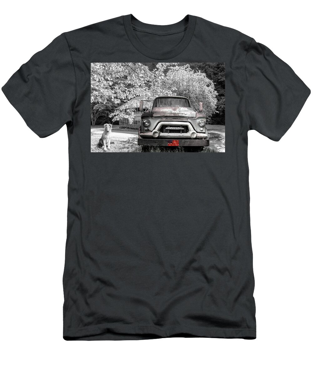 Trucks T-Shirt featuring the photograph Vintage in Springtime Black and White and Red by Debra and Dave Vanderlaan
