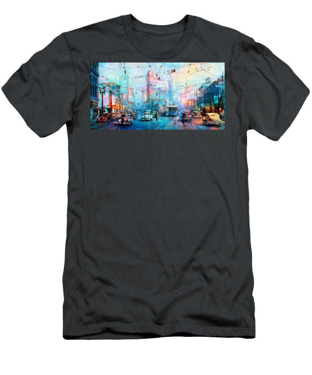 Wingsdomain T-Shirt featuring the photograph Vintage Nostalgic 1948 Downtown Los Angeles Main Street Spring Street 9th Street 20201129 v2 Long by Wingsdomain Art and Photography