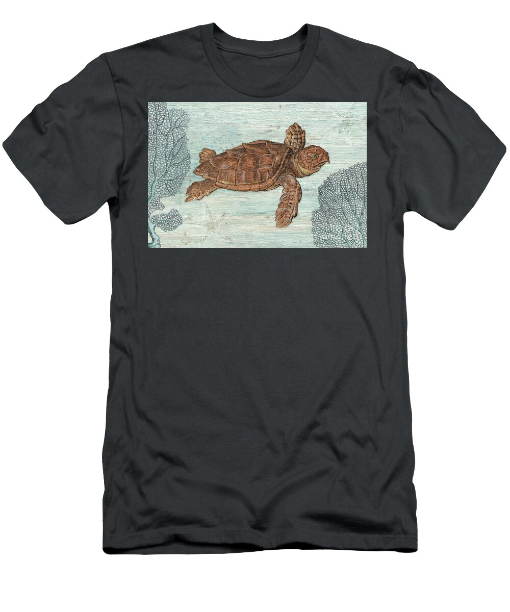 Vintage Modern Collage T-Shirt featuring the painting Vintage Sea Turtle Blue Coral Starfish Rustic Weathered Wood by Audrey Jeanne Roberts