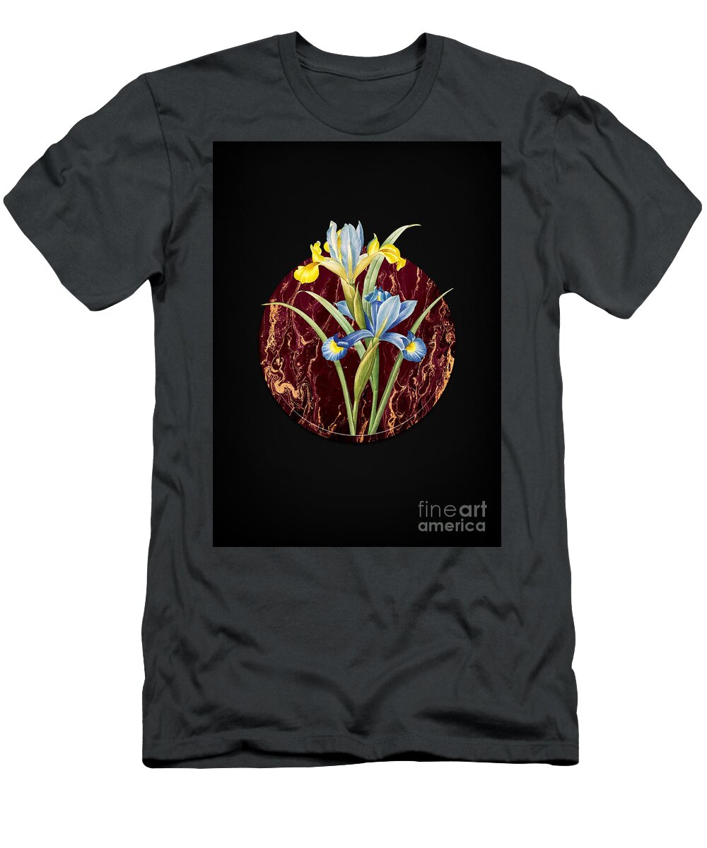 Vintage T-Shirt featuring the painting Vintage Spanish Iris Art in Gilded Marble on Shadowy Black by Holy Rock Design