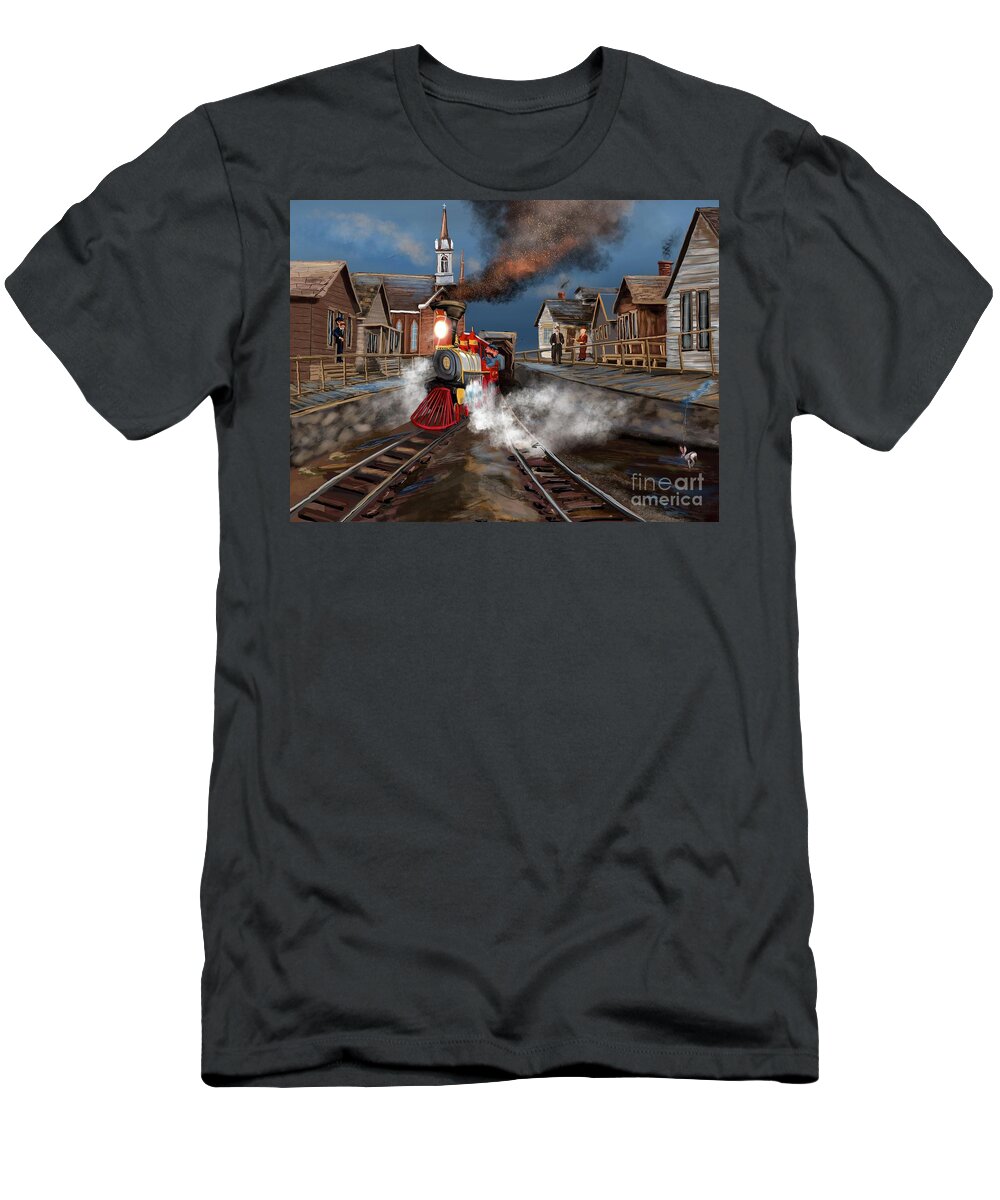 Train T-Shirt featuring the digital art Virginia and Truckee Approaches the Freight Depot II by Doug Gist