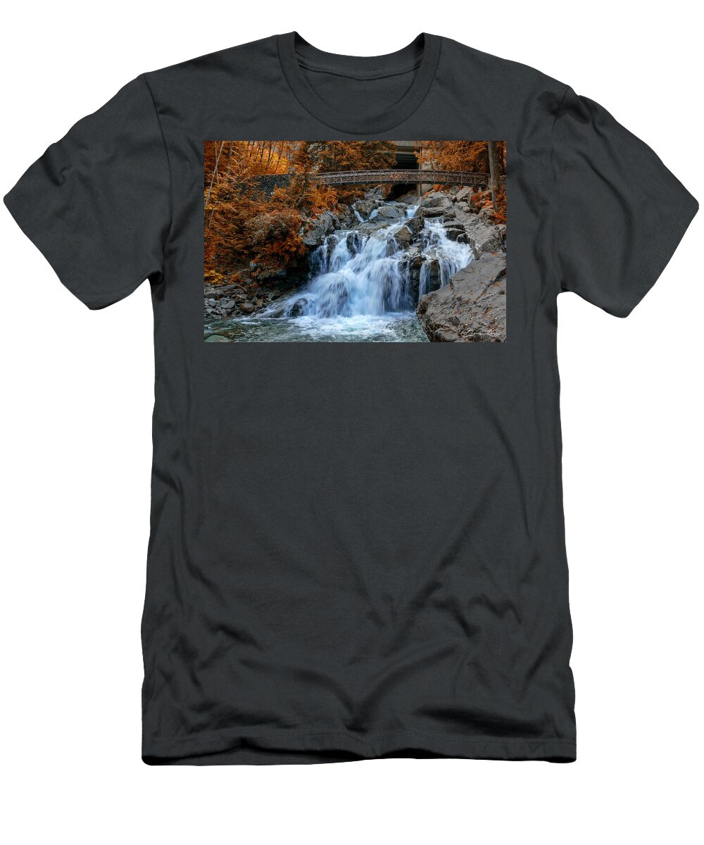 Waterfall Water Cascade Fall Color Bridge Rocks Washington Deception State Park Fstop101 T-Shirt featuring the photograph Waterfall in Fall Colors by Geno