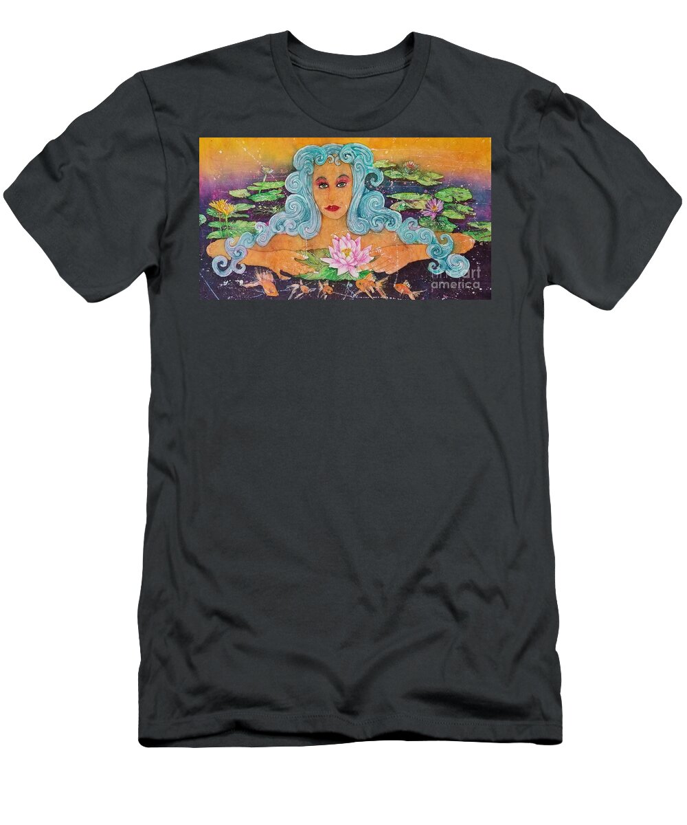 Gold Fish Water Lily T-Shirt featuring the painting Waterlilly Garden Goddess by Carol Losinski Naylor