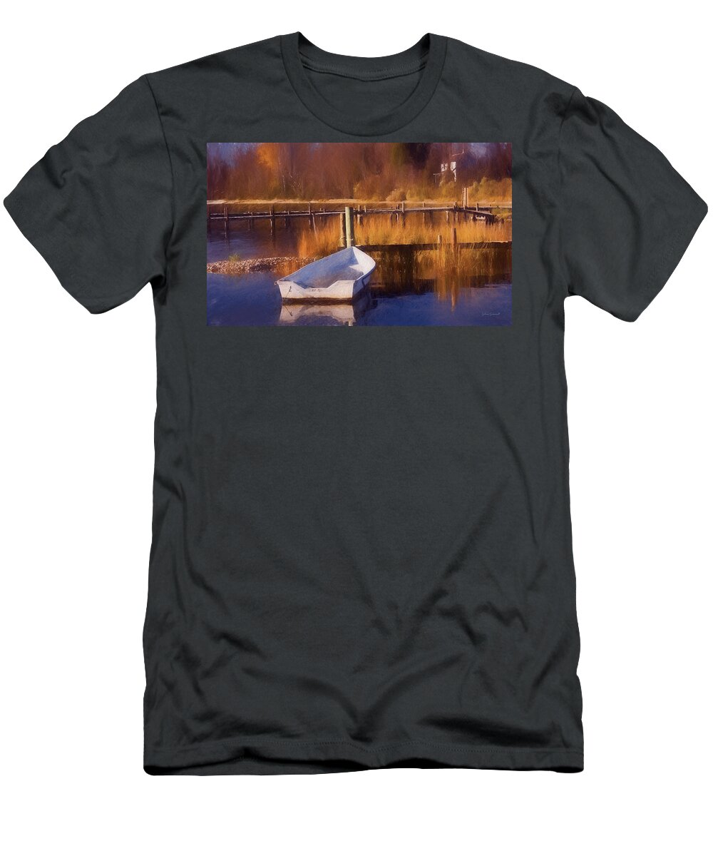 Boat T-Shirt featuring the photograph Waterman's row boat at pier digital painting by Glenn Gemmell