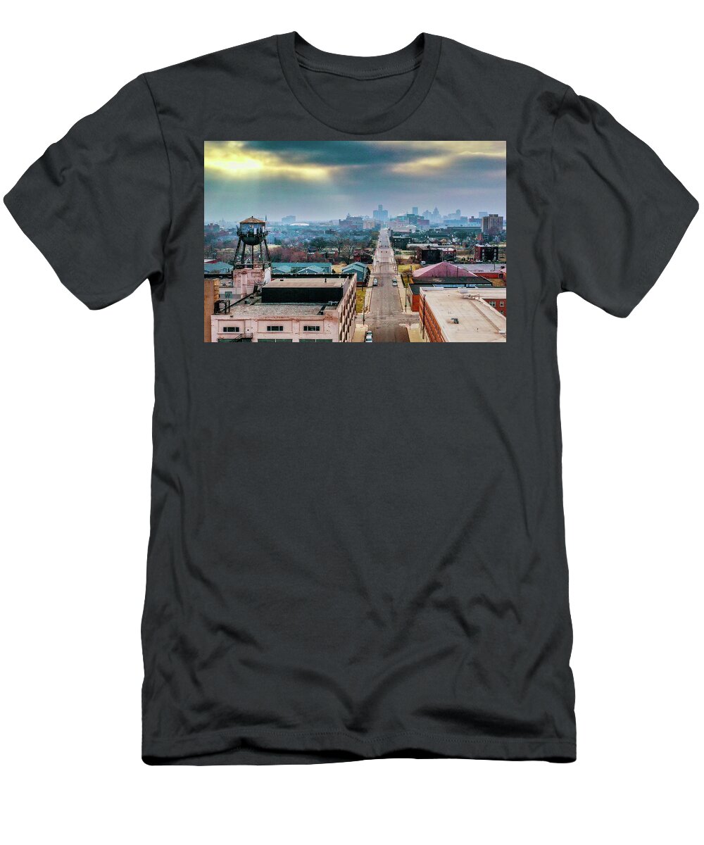 Detroit T-Shirt featuring the photograph Watertower Skyline V2 DJI_0690 by Michael Thomas