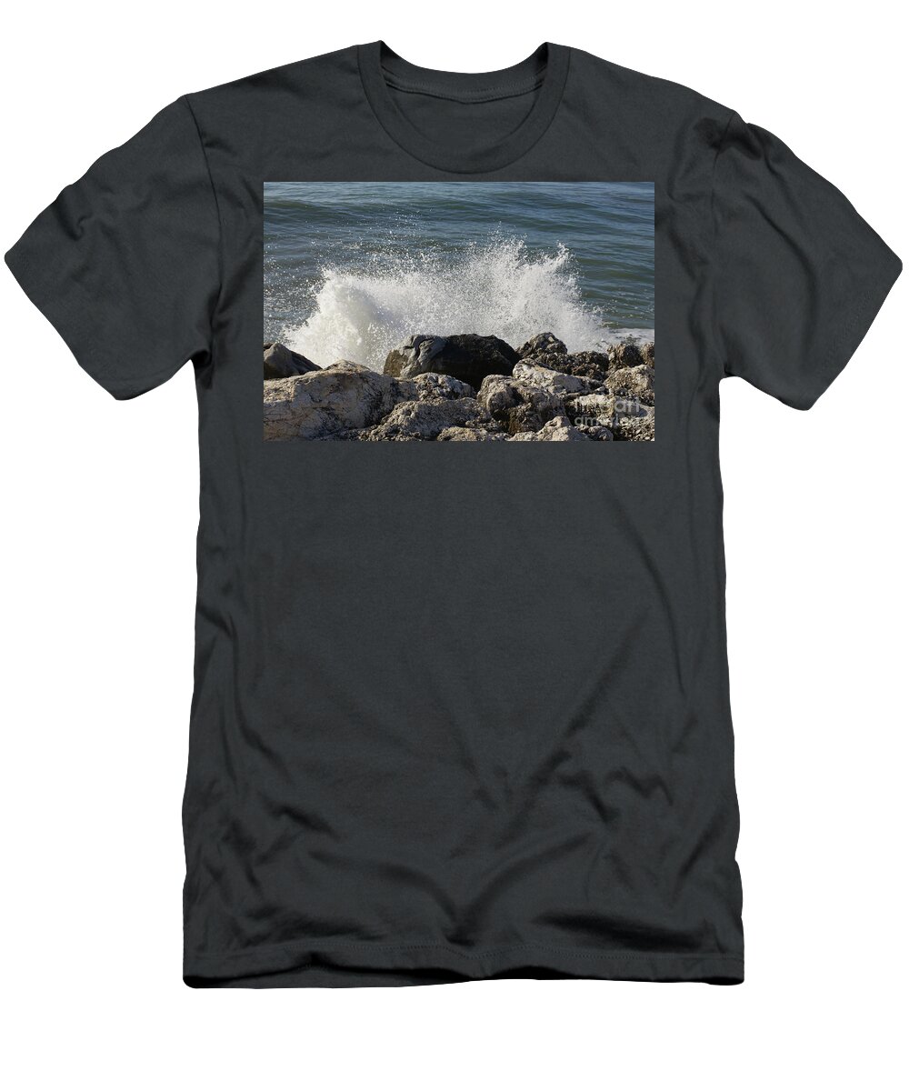 Torremolinos Spain T-Shirt featuring the photograph Waves crashing against rocks Torremolinos 2019 by Pics By Tony