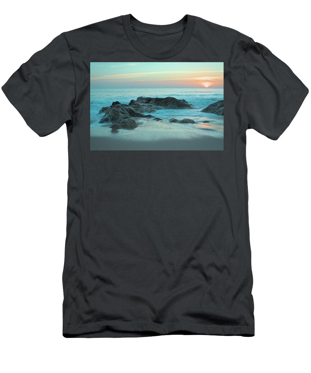 Beach Sunset T-Shirt featuring the photograph Waves, rocks and sunset in Salgados by Angelo DeVal