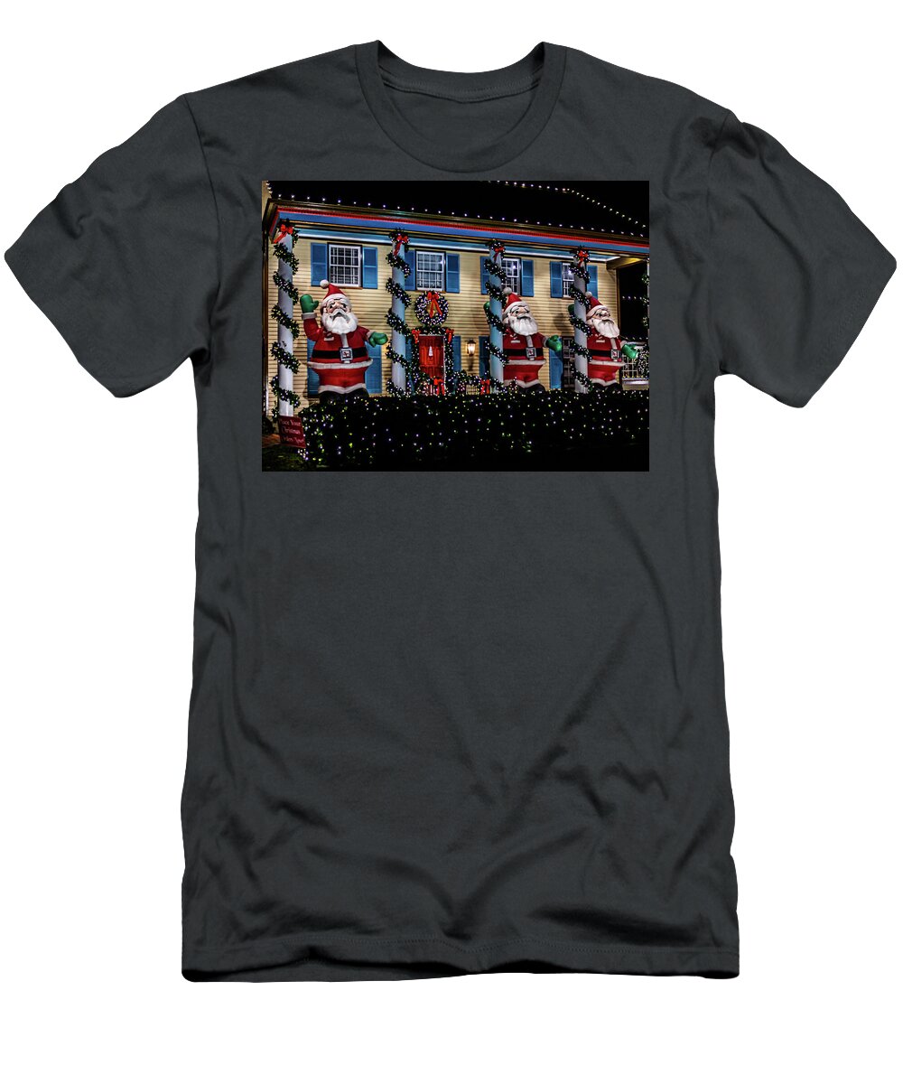 Cherry Hill T-Shirt featuring the photograph Waving Santa Claus Trio by Louis Dallara