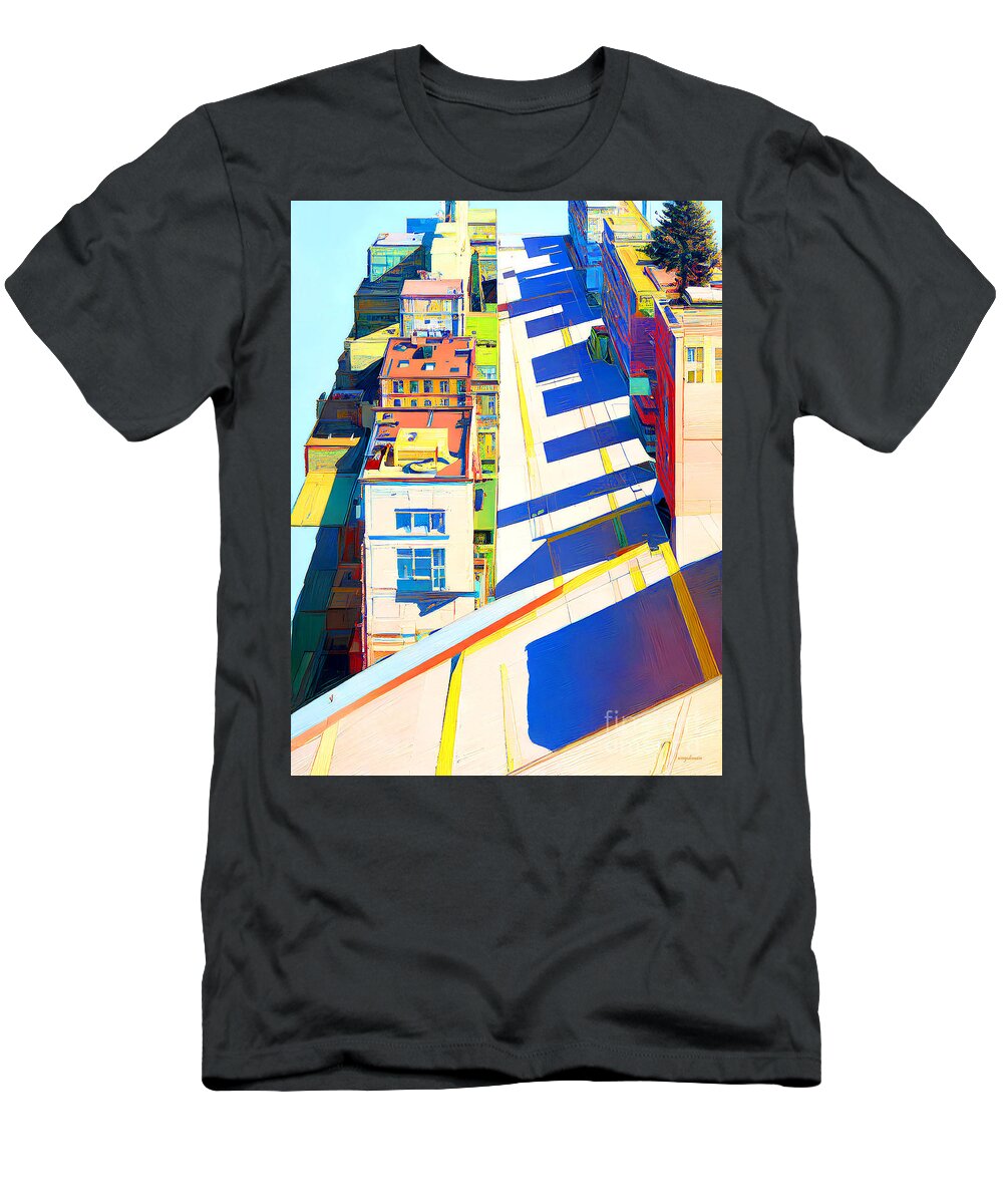 Wingsdomain T-Shirt featuring the mixed media Wayne Thiebaud Inspired Cityscape 20221004b by Wingsdomain Art and Photography
