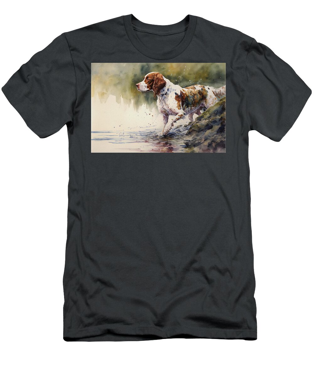 Dog T-Shirt featuring the painting Welsh Springer Spaniel by the River by Kai Saarto