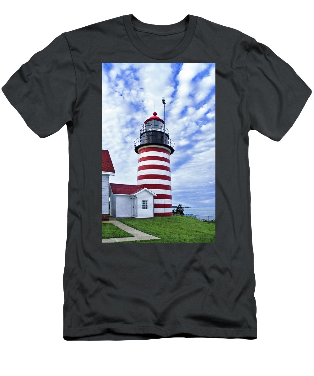 West Quoddy Head Lighthouse T-Shirt featuring the photograph West Quoddy Head Lighthouse and Clouds by Marty Saccone