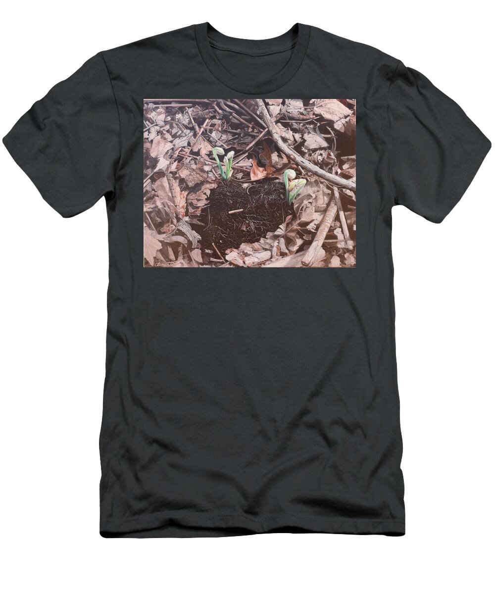 Fiddlehead Ferns T-Shirt featuring the painting My heart is in the forest by Barbara Barber