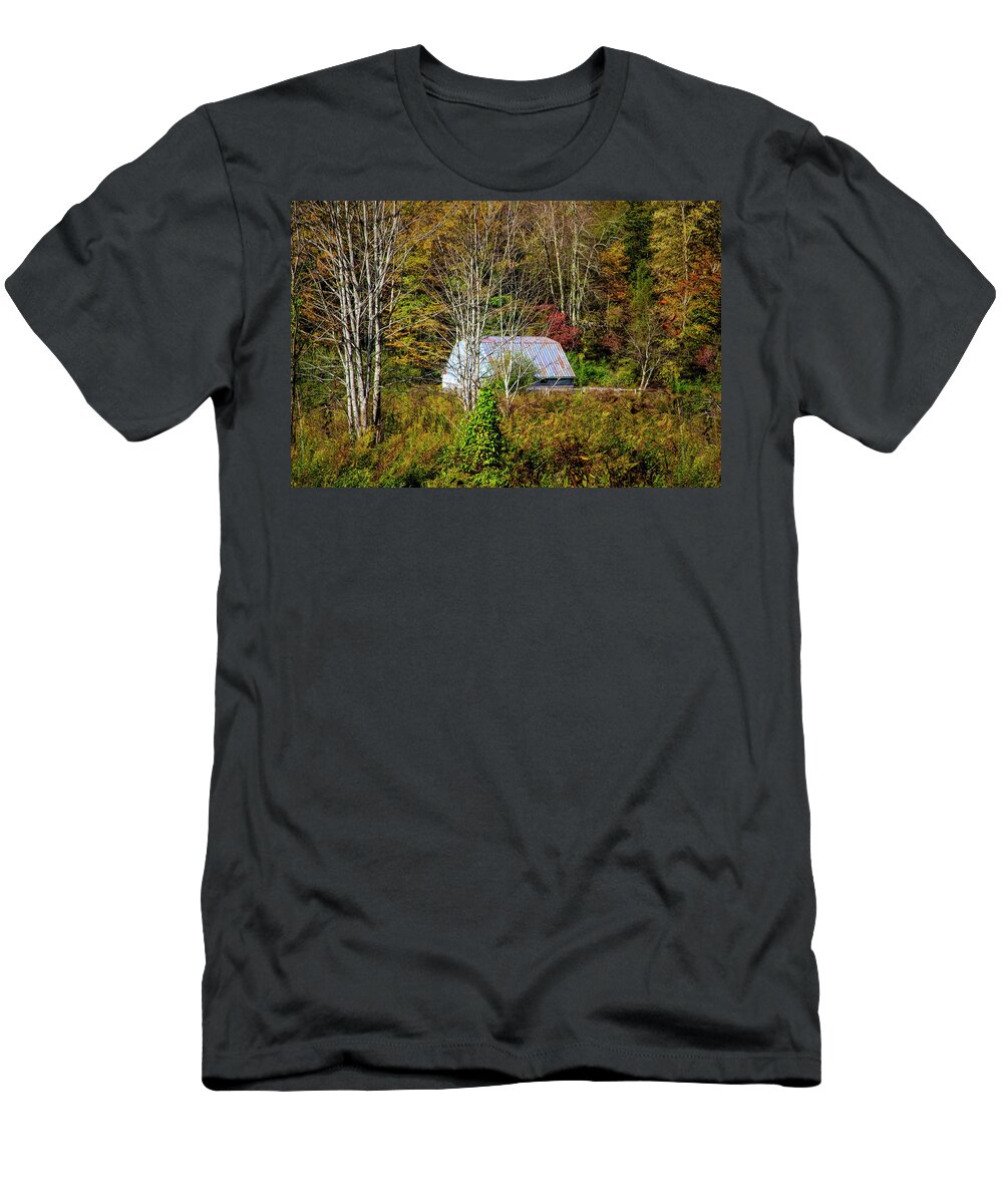Barns T-Shirt featuring the photograph White Barn Farm Creeper Trail in Autumn Fall Colors Damascus Vir by Debra and Dave Vanderlaan