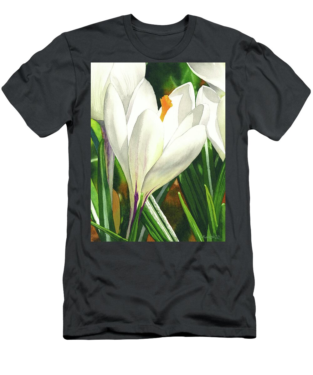 White T-Shirt featuring the painting White Crocus by Espero Art