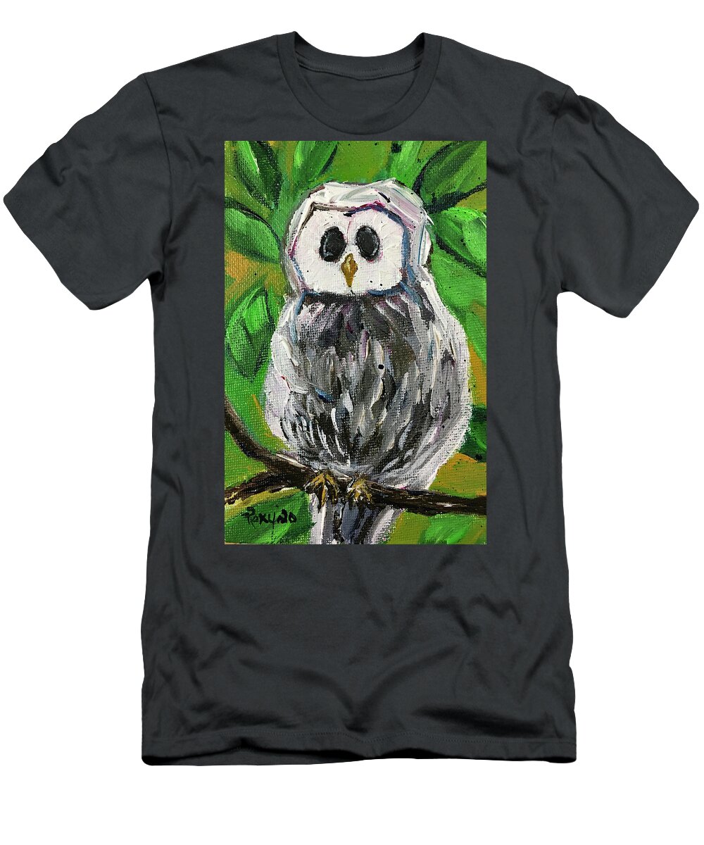 Owl T-Shirt featuring the painting White Owl in Foilage by Roxy Rich