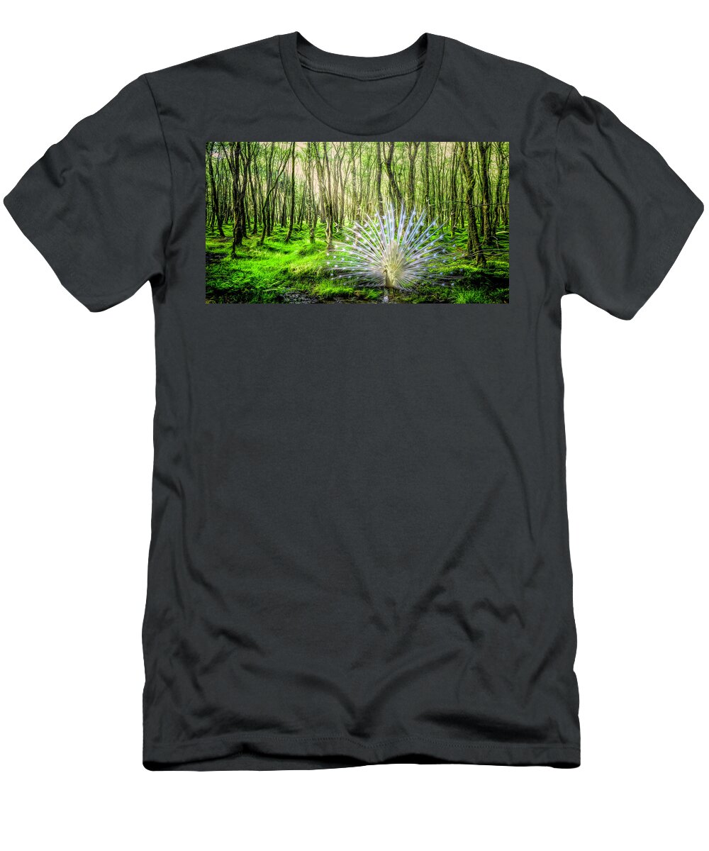 Mountains T-Shirt featuring the photograph White Peacock in the Beauty of the Forest by Debra and Dave Vanderlaan