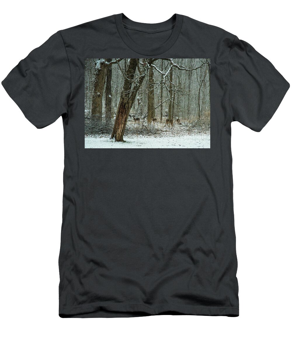 White-tailed Deer T-Shirt featuring the photograph White-tailed Deer on a Snowy Day in the Forest by Sandra Rust