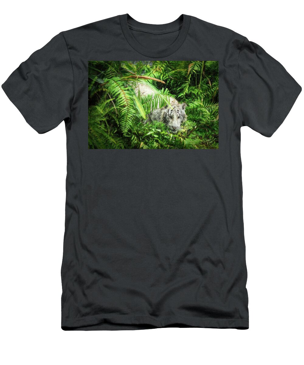 Tiger T-Shirt featuring the photograph White Tiger Among Ferns by Ginger Stein