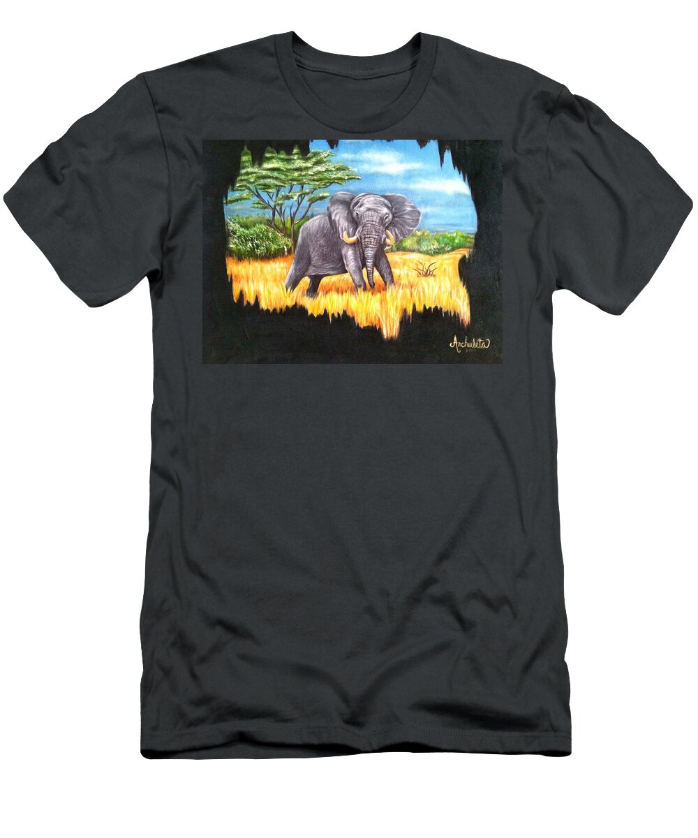 Elephant In It's Habitat Being Watched From A Distance T-Shirt featuring the painting Who's Watching Who? by Ruben Archuleta - Art Gallery