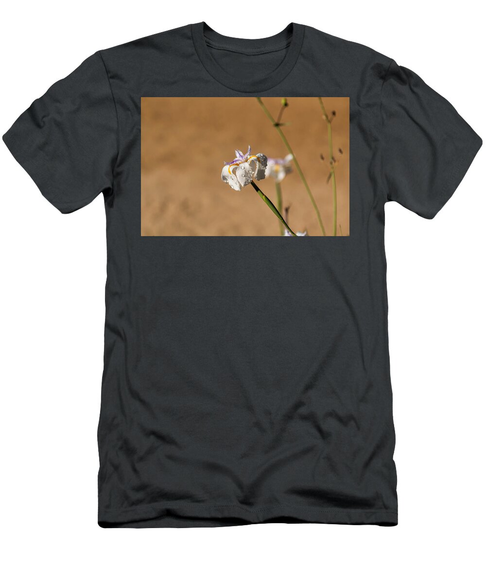 Wild Iris T-Shirt featuring the photograph Wild Iris with Dew Drops by Alison Frank