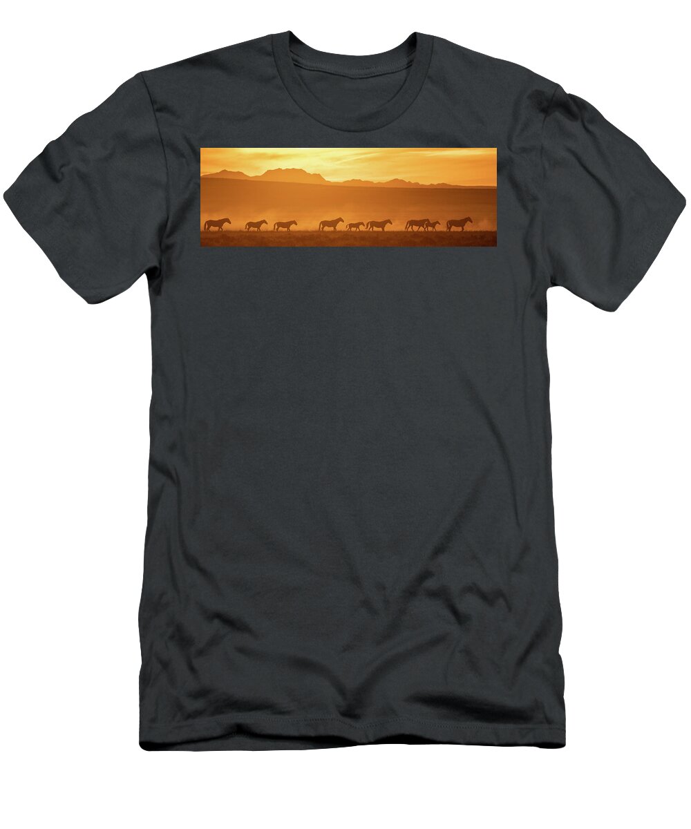 Wild Horses T-Shirt featuring the photograph Wild Sunset Panorama by Mary Hone