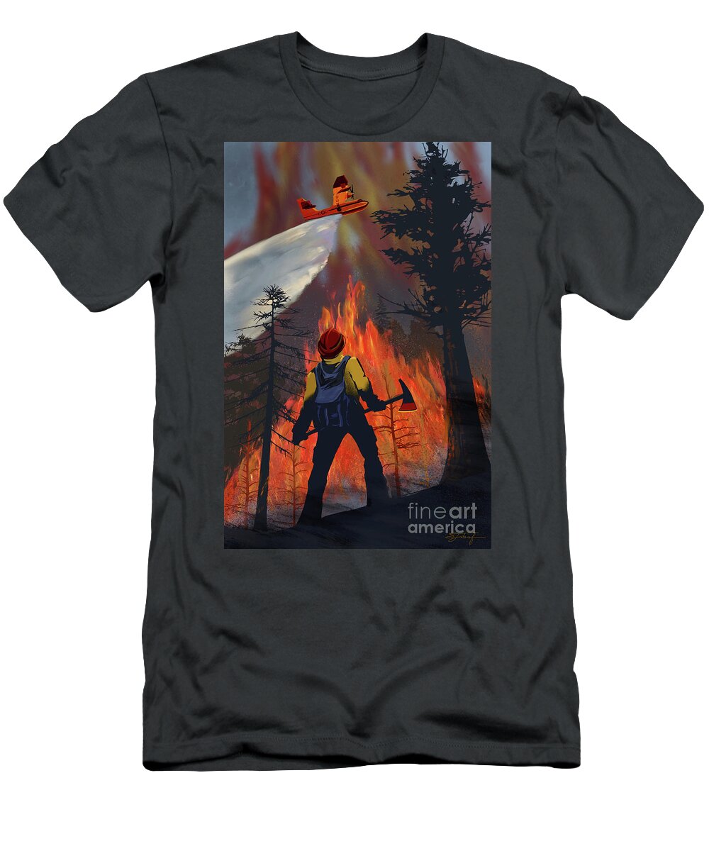 Wildfire T-Shirt featuring the painting Wildfire fighter by Sassan Filsoof