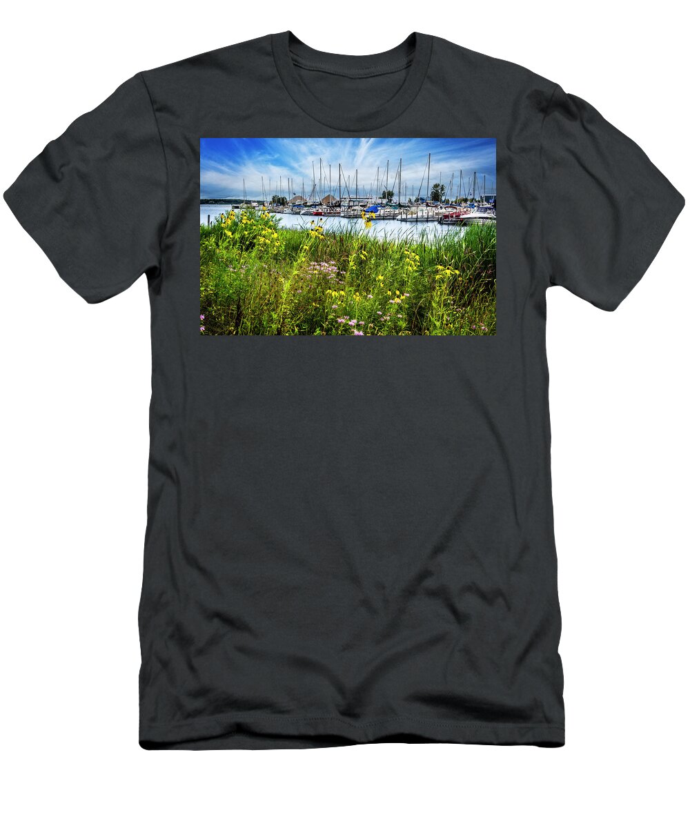 Boats T-Shirt featuring the photograph Wildflowers at the Harbor by Debra and Dave Vanderlaan