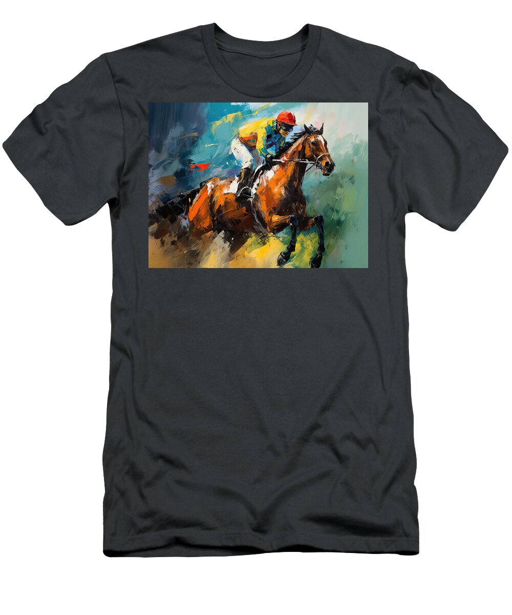 Horse Racing T-Shirt featuring the painting Will To Win - Horse Racing Art - Will Power by Lourry Legarde