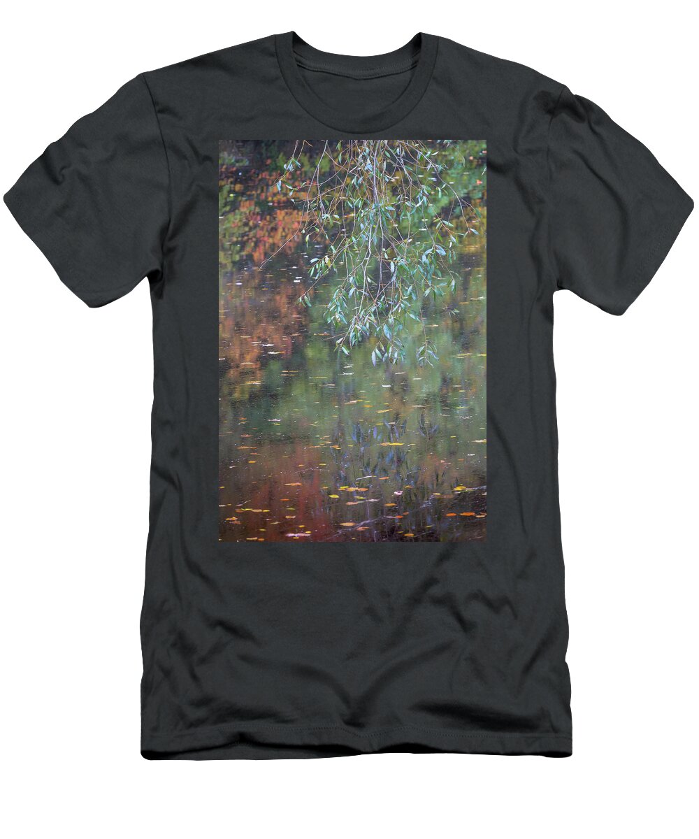 Willow Tree T-Shirt featuring the photograph Willow leaves and reflections on a river in Autumn by Anita Nicholson