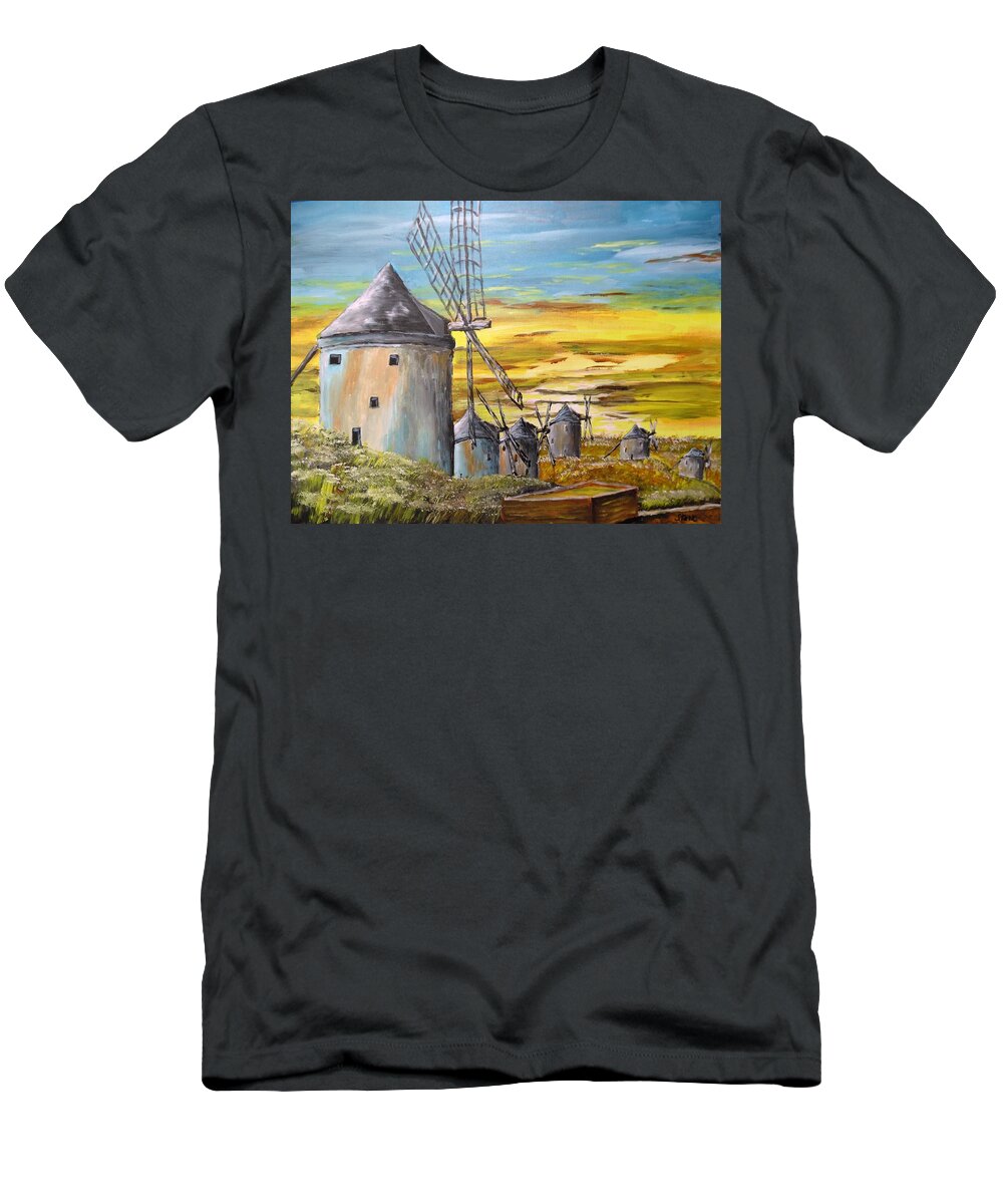 Spain T-Shirt featuring the painting Windmiills In Spain faa by Irving Starr