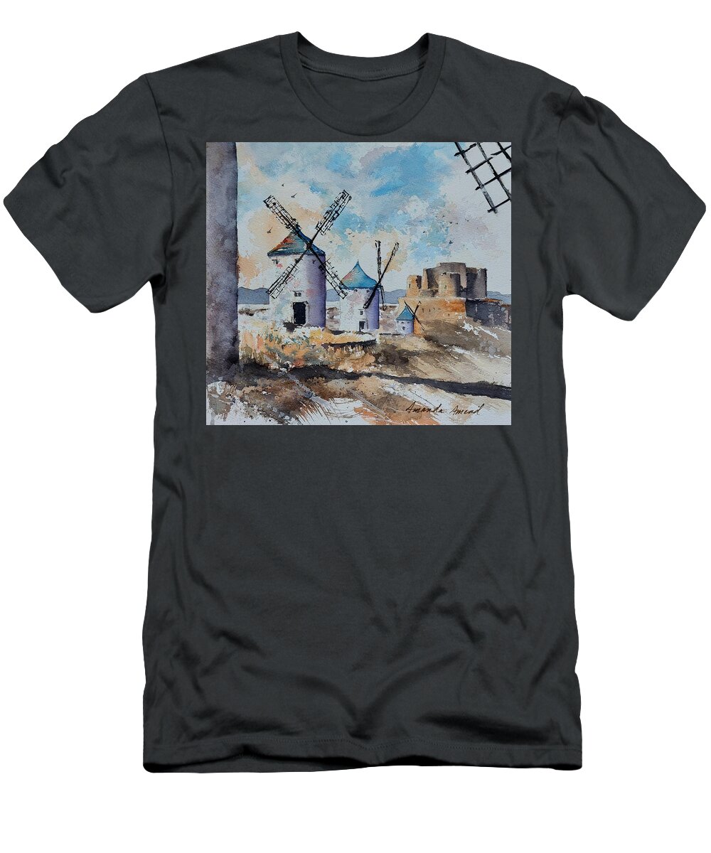 Molinos T-Shirt featuring the painting Windmills of Consuegra by Amanda Amend