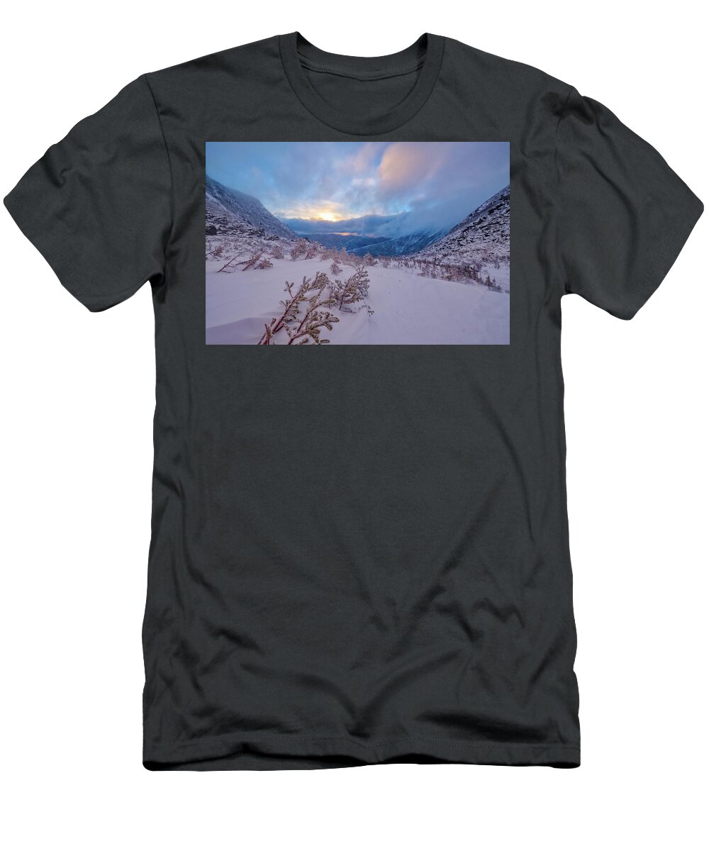 Tuckerman Ravine T-Shirt featuring the photograph Windswept, Spring Sunrise In Tuckerman Ravine by Jeff Sinon
