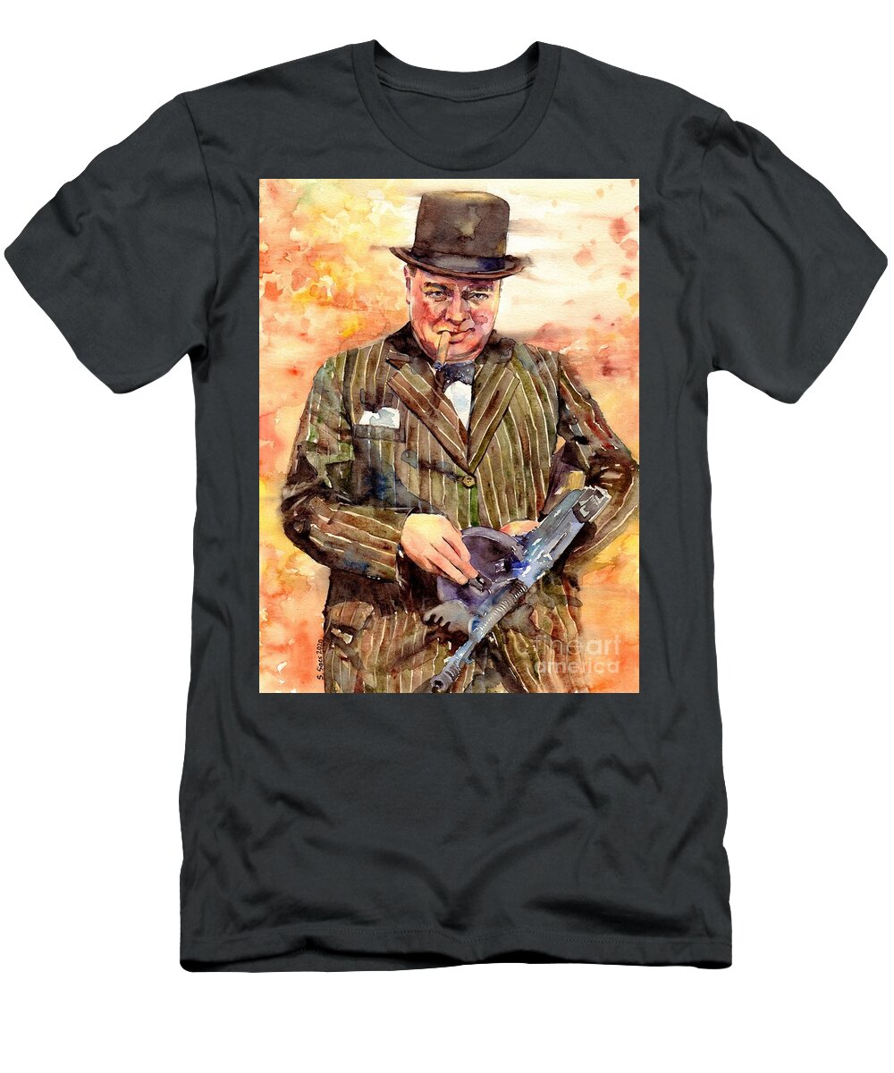 fade Panorama Ladder Winston Churchill With A Tommy Gun T-Shirt by Suzann Sines - Pixels
