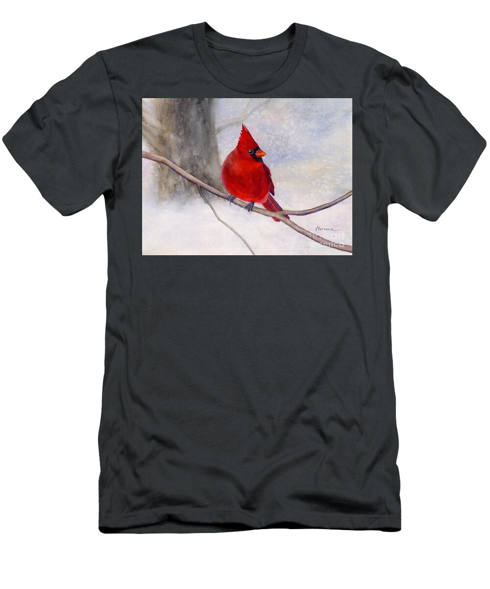 Cardinal T-Shirt featuring the painting Winter Cardinal by Hailey E Herrera