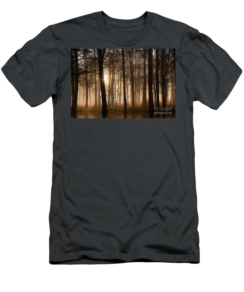 Norfolk T-Shirt featuring the photograph Winter forest at sunrise with mist and fog by Simon Bratt