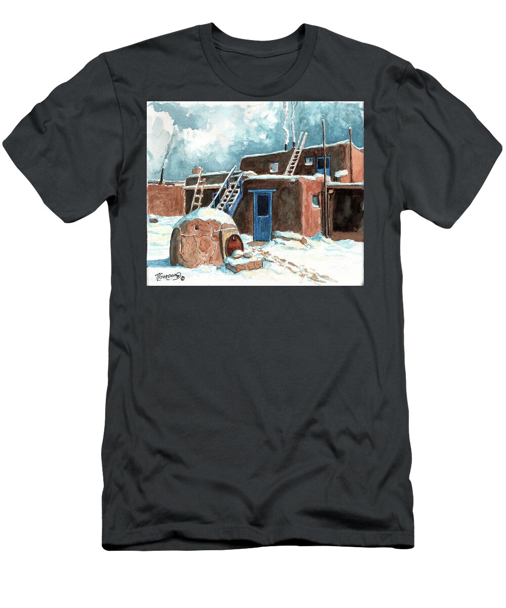 Morning T-Shirt featuring the painting Winter in the pueblo by Timithy L Gordon