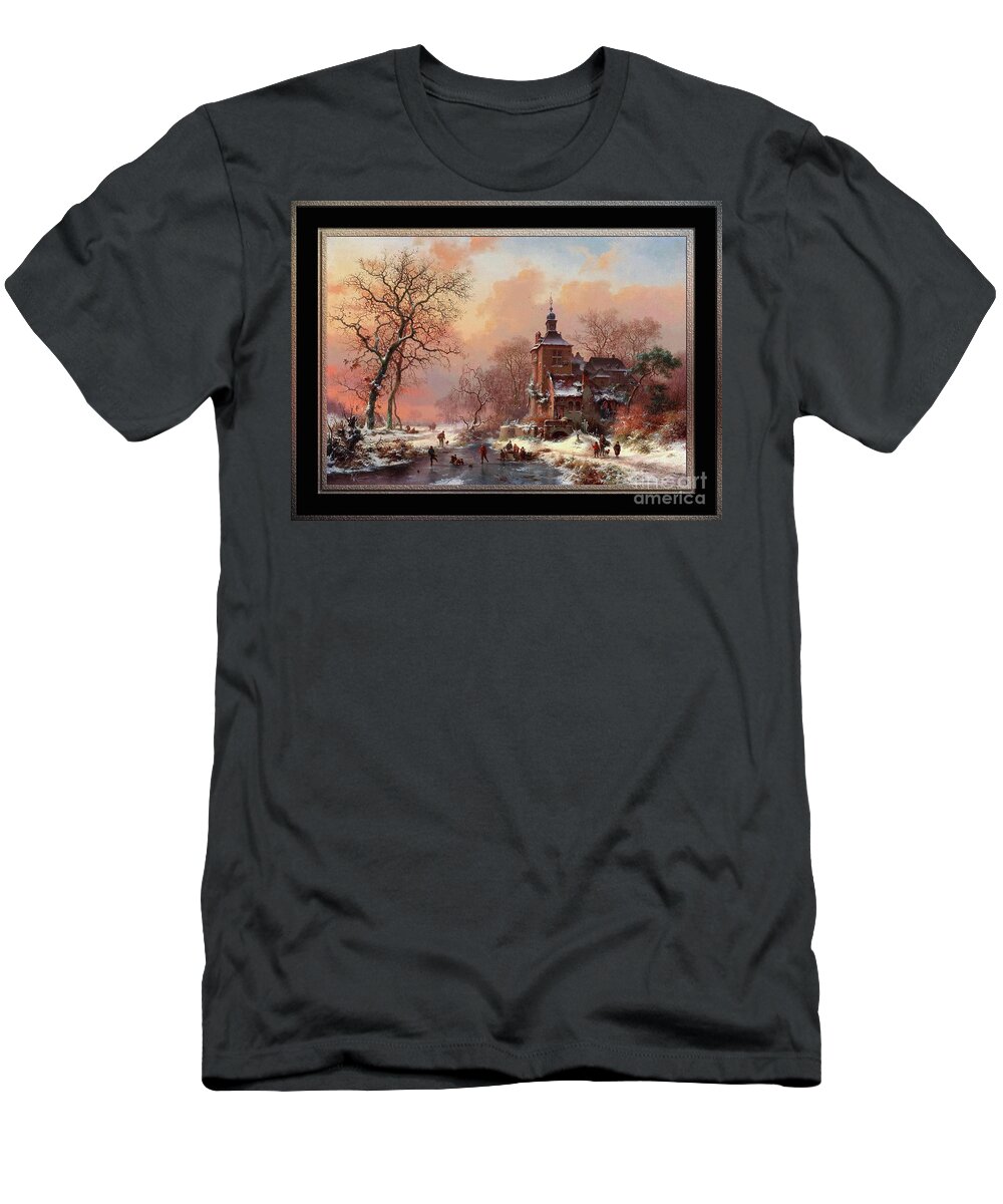 Winter Landscape T-Shirt featuring the painting Winter Landscape with Skaters on a Frozen River by Frederik Marinus Kruseman Classical Art Reproduct by Rolando Burbon