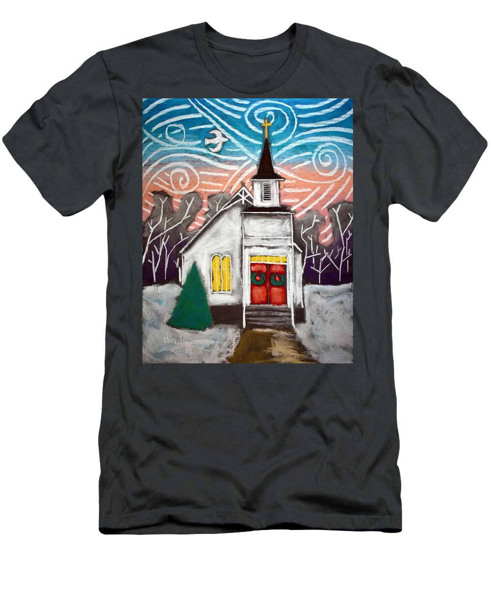 Winter T-Shirt featuring the painting Winter Scene Church - 2 by David Hinds