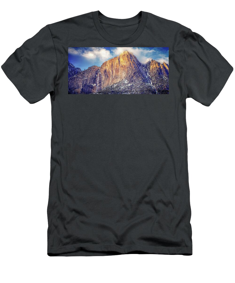 Yosemite T-Shirt featuring the photograph Winter Snow Capped Sunrise of Yosemite Falls by Joseph S Giacalone