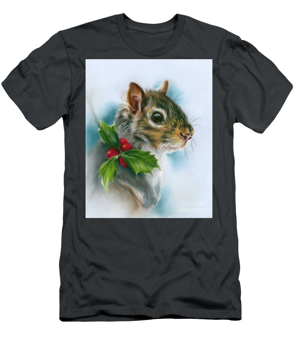 Animal T-Shirt featuring the painting Winter Squirrel with Holly by MM Anderson