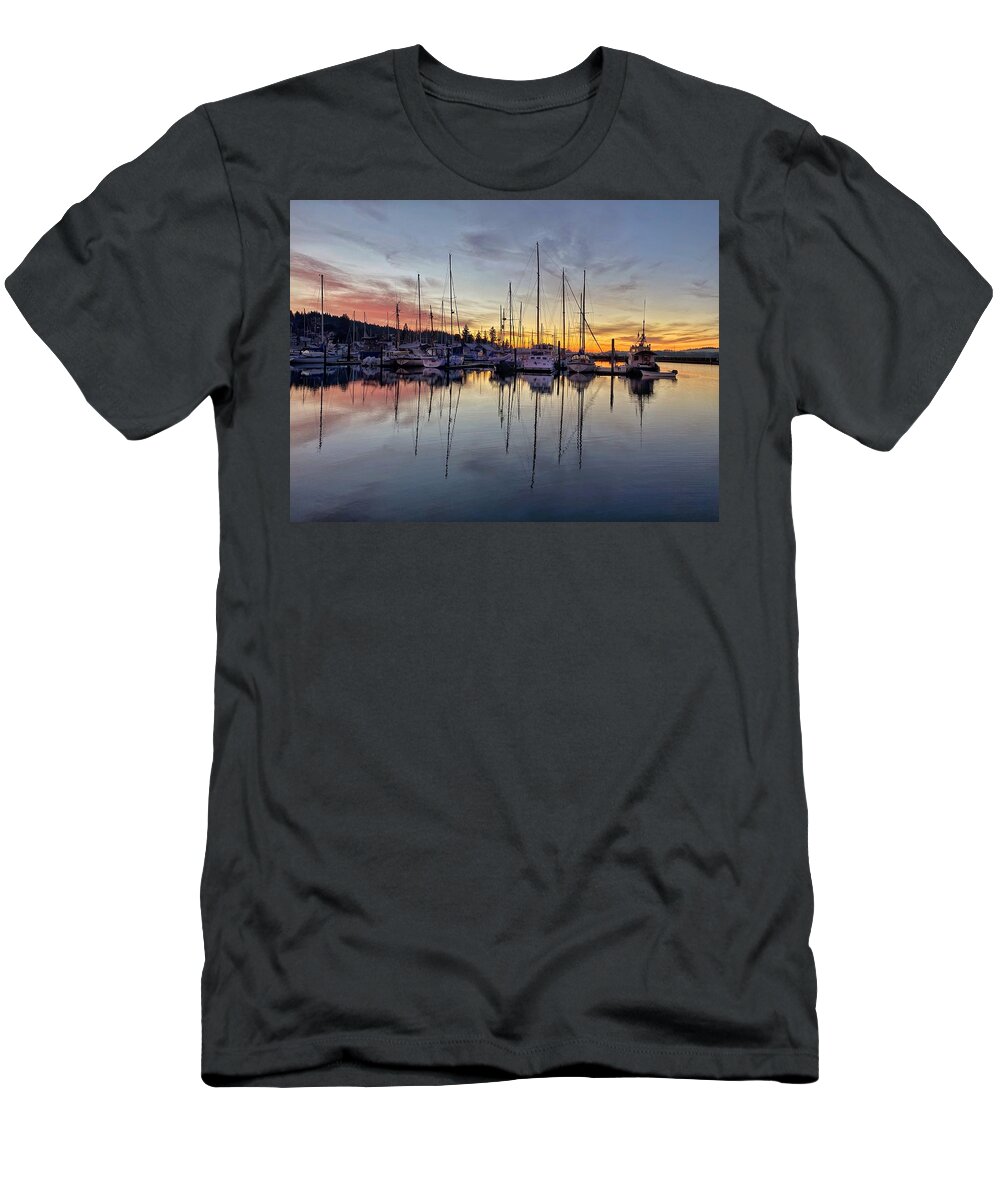 Golden Hour T-Shirt featuring the photograph Winter Sunrise at the Poulsbo Marina 2022 by Jerry Abbott