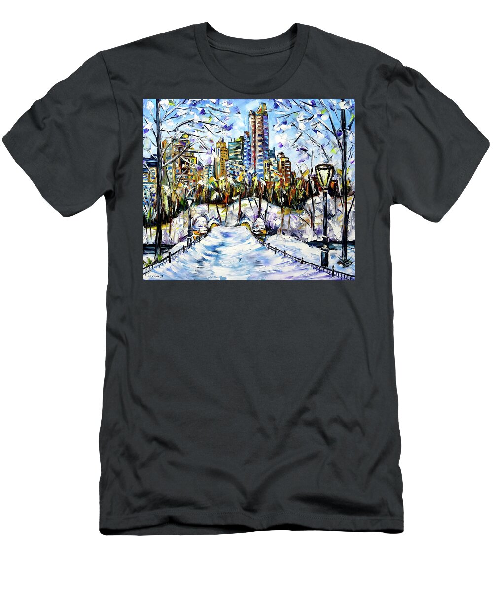 New York In Winter T-Shirt featuring the painting Winter Time In New York by Mirek Kuzniar