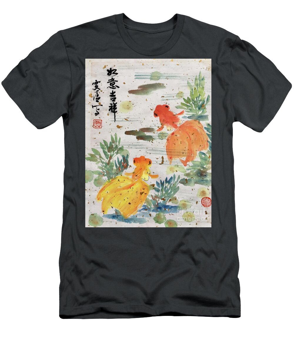 Gold T-Shirt featuring the painting Wishful and Good Luck by Carmen Lam